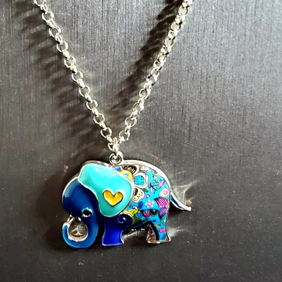 HandPainted Enamel Elephant Necklace Lt Teal Ears - Picture 5 of 6